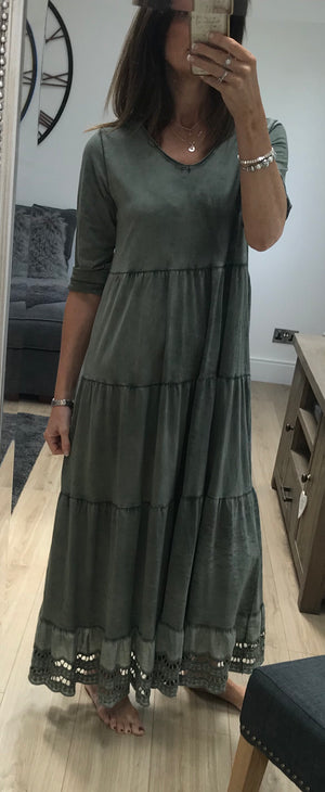Green Maxi Tiered Dress with Broderie Anglaise Hem