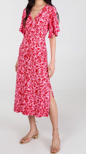 Red/Pink Floral Midi Dress With Angel Sleeve