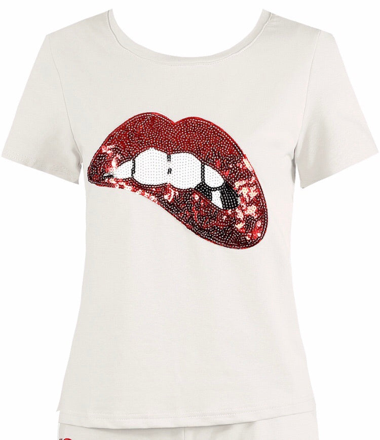 White seqin T-shirt featuring sequin embellished Lips
