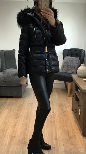 Black Padded Jacket With Faux Fur Hood