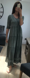 Green Maxi Tiered Dress with Broderie Anglaise Hem