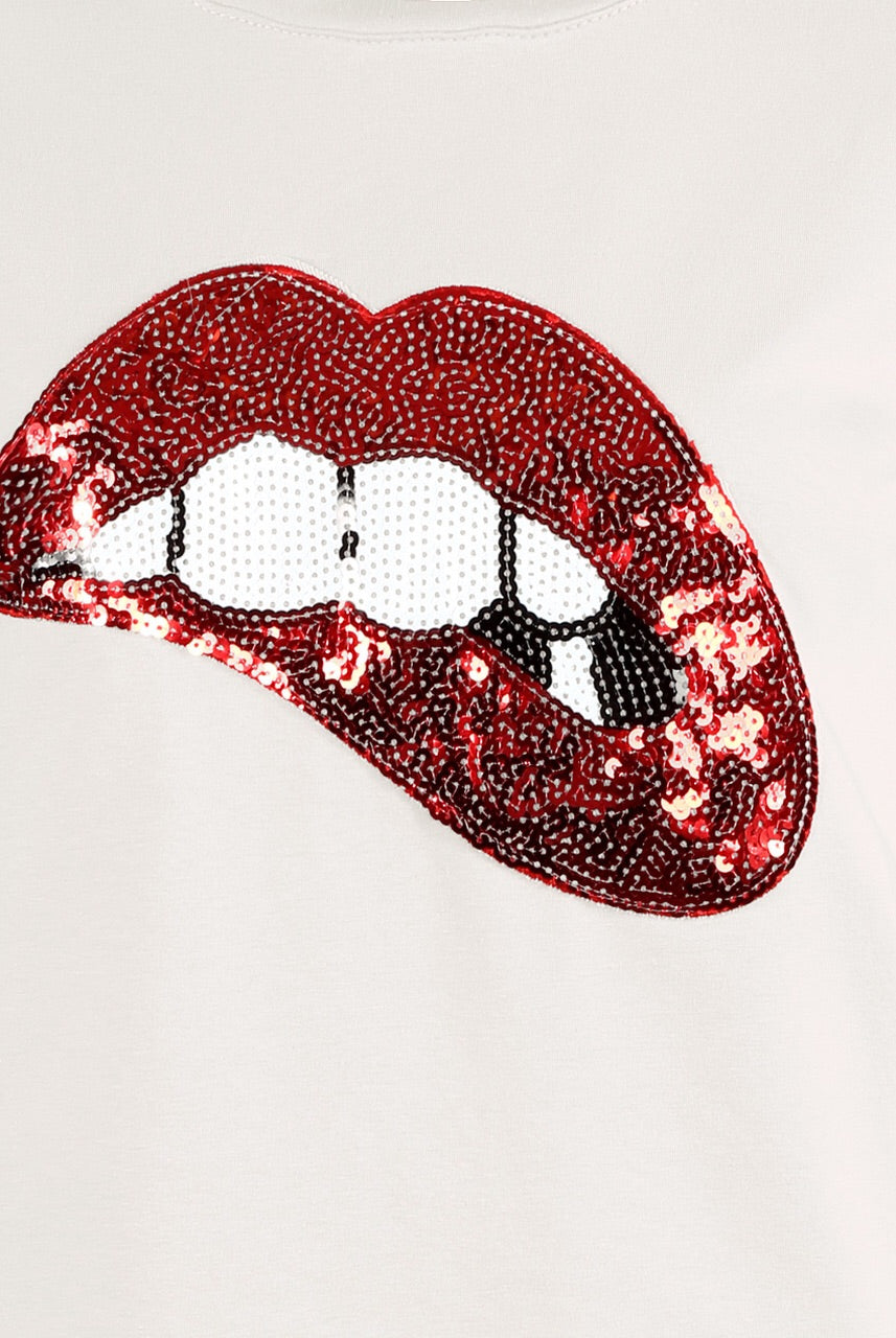 White seqin T-shirt featuring sequin embellished Lips