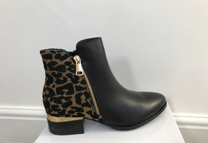 Black and Leopard Print Boot with Gold Trim